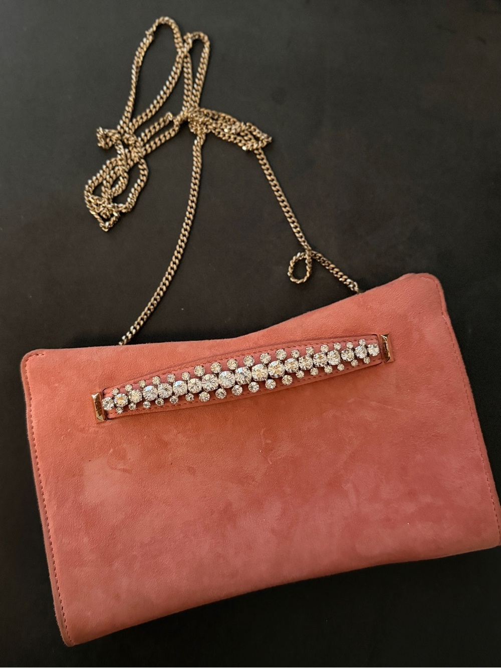 Jimmy Choo Pink Suede Crystal Chain Clutch